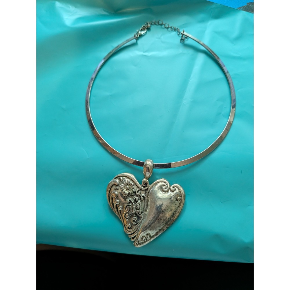 Silver Tone Ornate Heart Pendant Torque Collar Necklace Floral Butterfly Relief